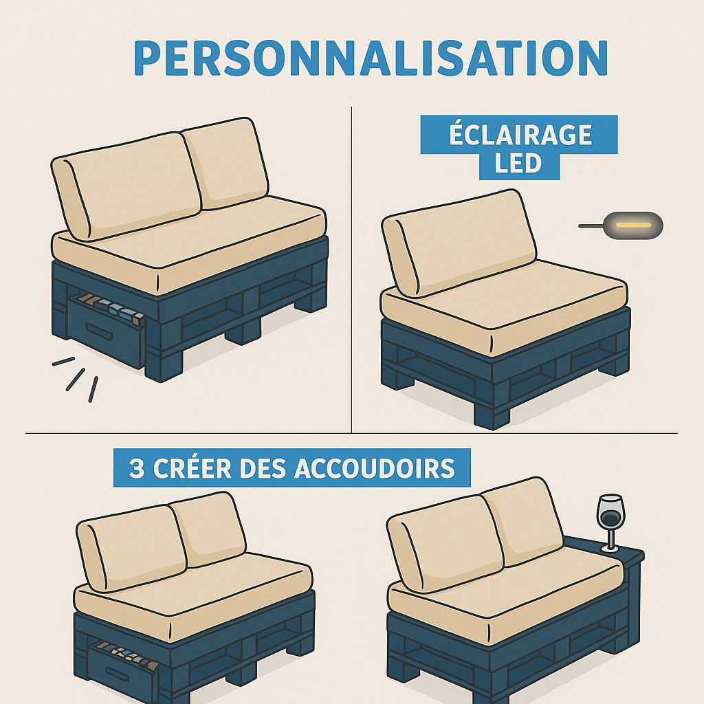 canapé palette intérieur : différentes personnalisations possibles pour rendre votre canapé plus unique : rangements malins, éclairage LED, accoudoirs...