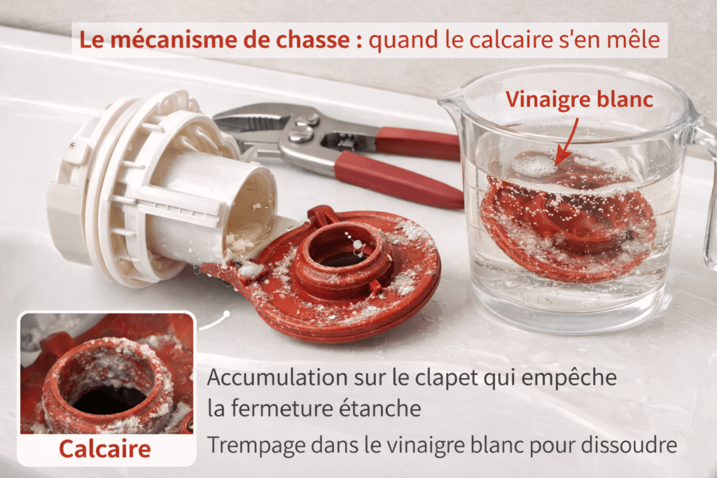 détartrage d'un clapet d'une chasse d'eau qui coule