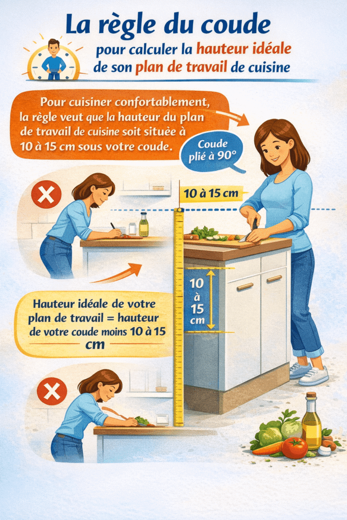 schéma explicatif de la règle du coude pour calculer la hauteur de son plan de travail de cuisine